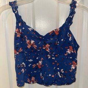 Abercrombie & Fitch Size S Blue Floral Ruffle Strap Smocked Back Cropped Tank